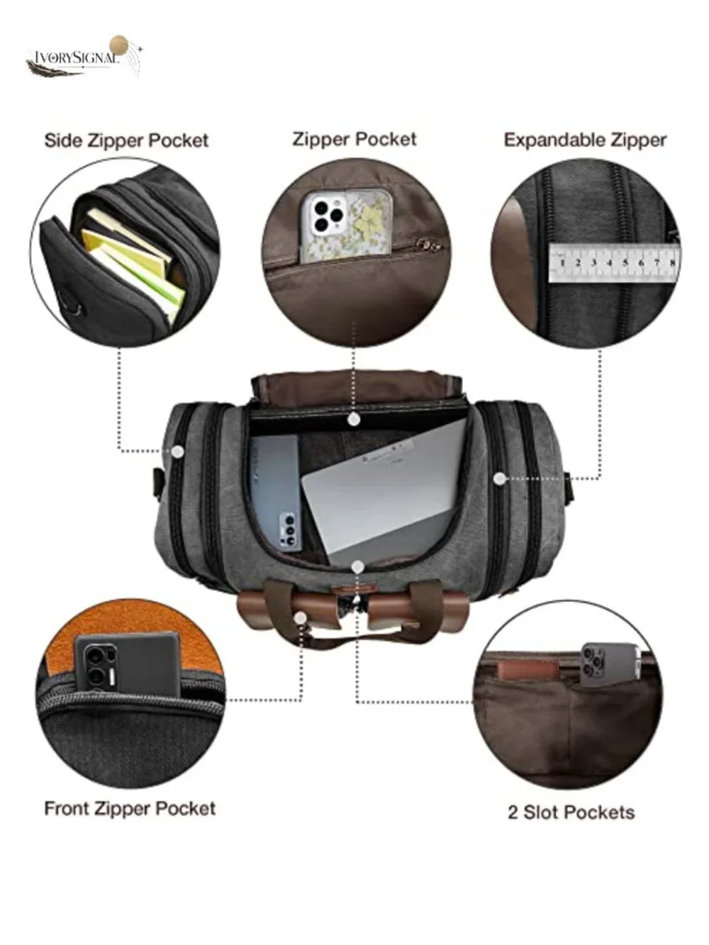 Canvas Leather Expandable 50L Travel Duffel Weekender Overnight Bag